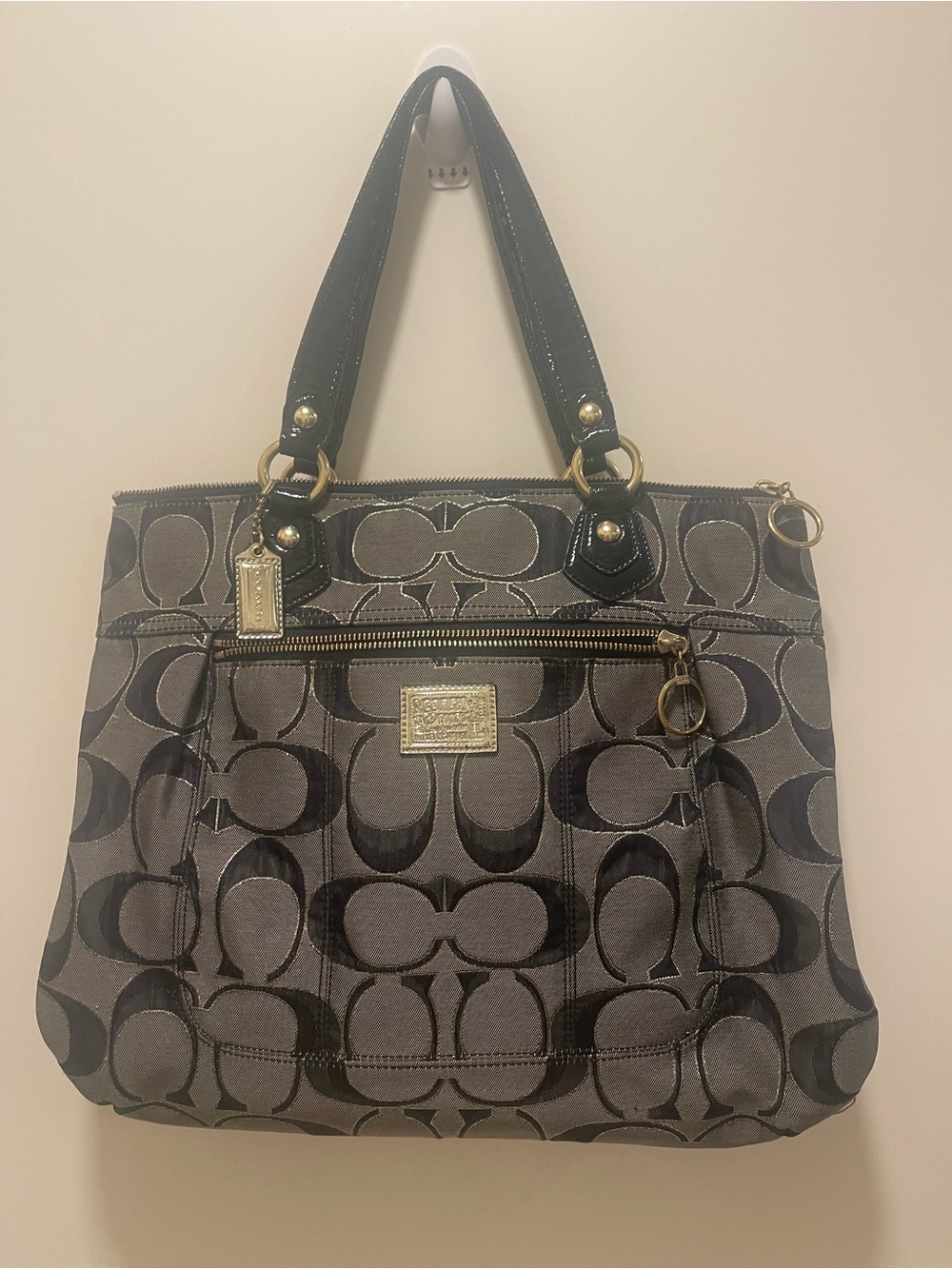 Coach Poppy Signature Metallic Glam Canvas Tote Bag in Gray and Black